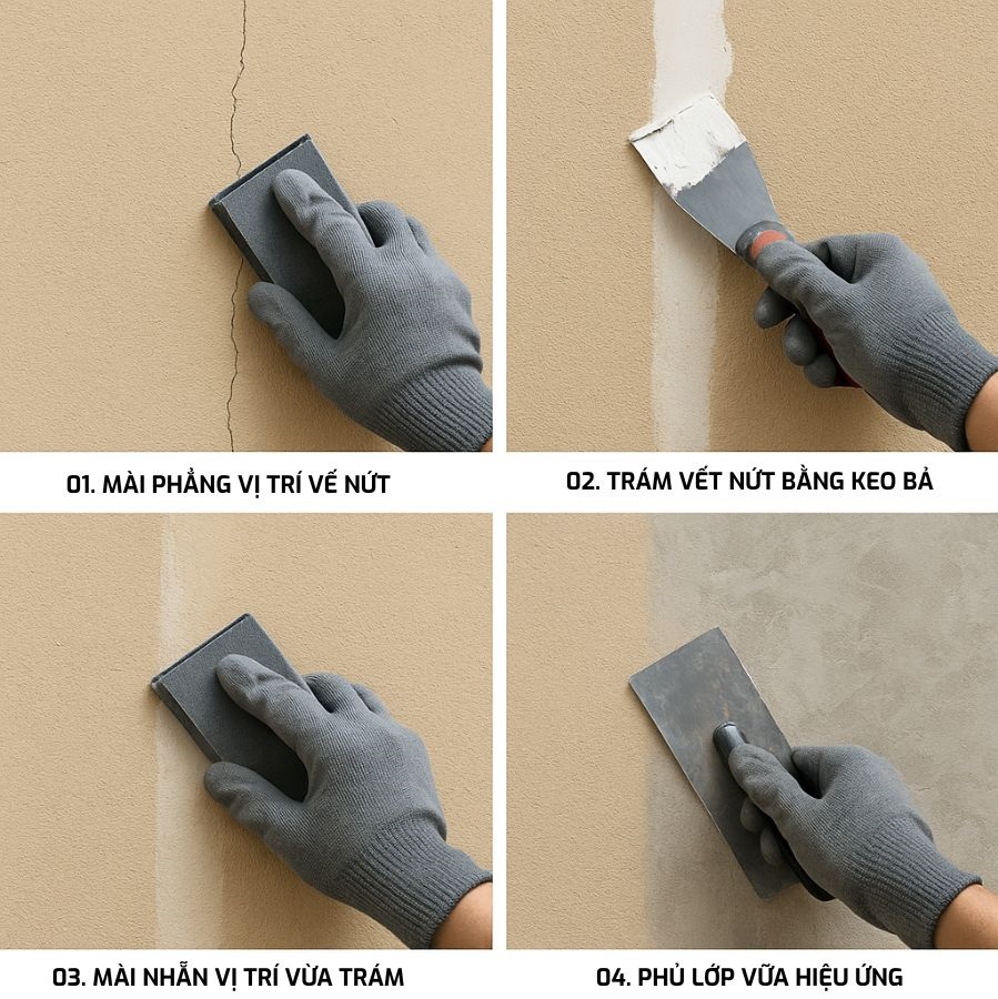 Quy trình xử lý tường nứt trước khi thi công vữa hiệu ứng