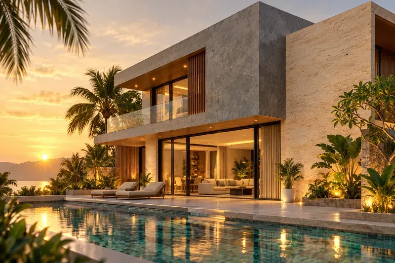 Biệt thự nghỉ dưỡng hoàn thiện bằng sơn hiệu ứng bê tông và travertine