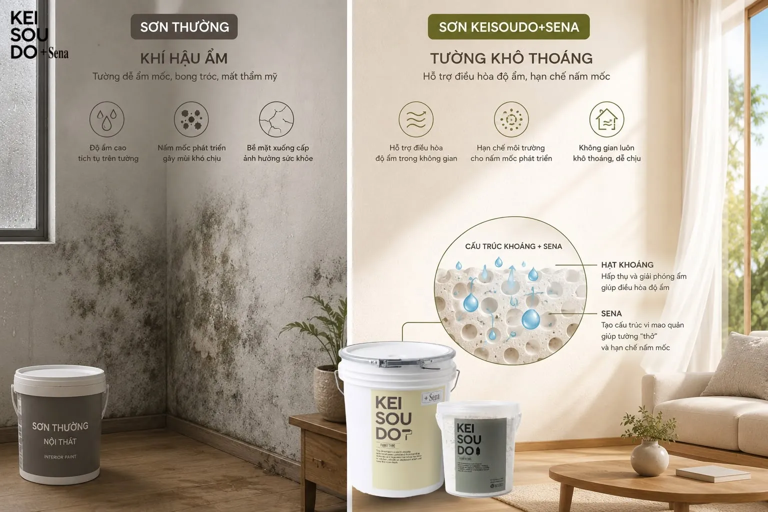 So sánh tường sơn thường bị ẩm mốc và tường sơn Keisoudo + SENA khô thoáng