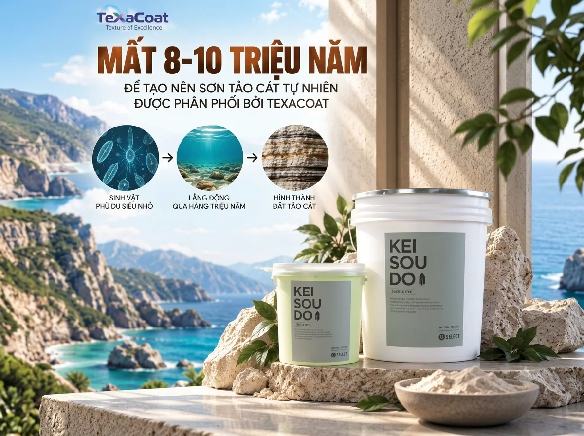 Đất tảo cát hình thành qua 8–10 triệu năm: sinh vật phù du siêu nhỏ lắng đọng qua hàng triệu năm tạo nên đất tảo cát – nguyên liệu của sơn Keisoudo
