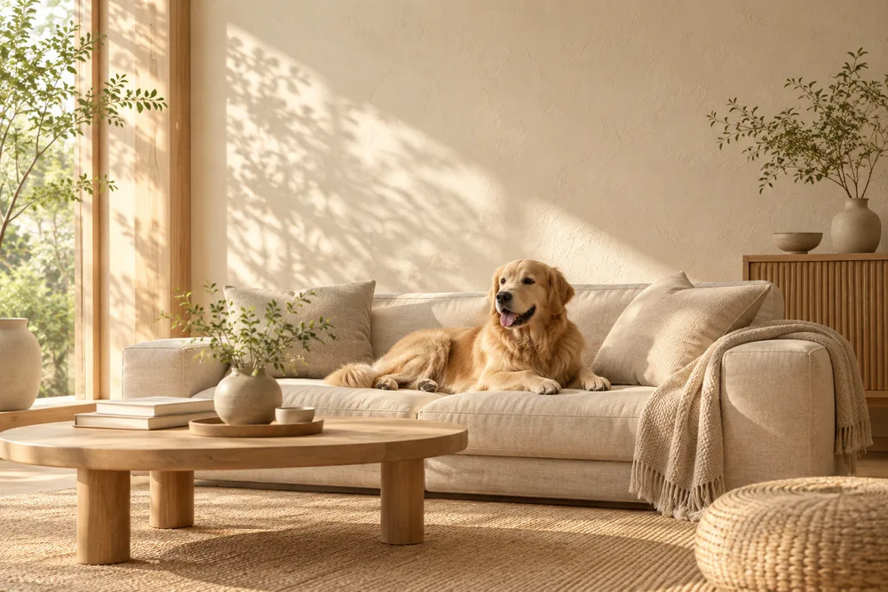 Chú chó nằm trên sofa trong phòng khách tường sơn tảo cát, không gian không mùi khó chịu
