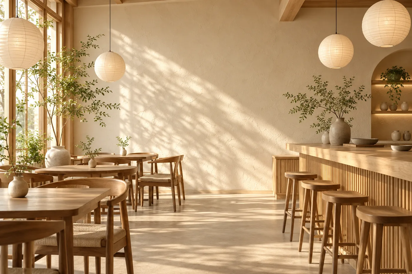 Quán café phong cách Japandi với tường trát sơn tảo cát